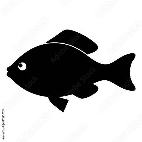 Black silhouette of a fish with fin and tail on white background