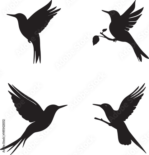 This artwork is digitally enhanced using AI and manually edited for quality. The image shows four black bird silhouettes in various flying poses.