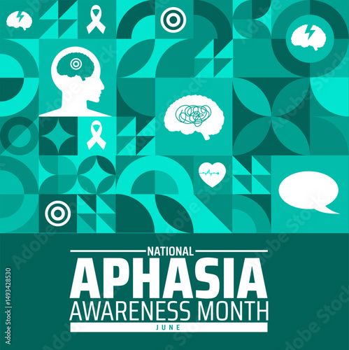 Aphasia Awareness Month geometric shape pattern background banner or poster design template. observed every year in June. Holiday concept. June Campaign for Communication Disorder. Brain Illustration.