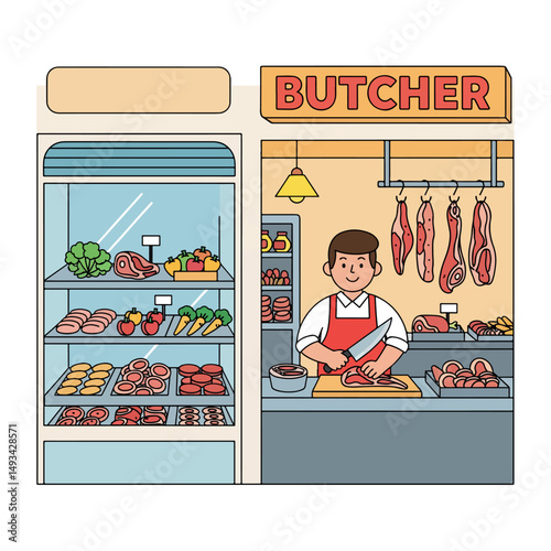 Simple Cartoon Butcher Shop Illustration with Smiling Butcher