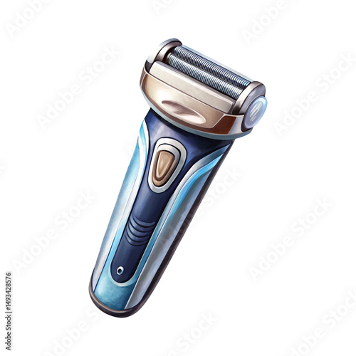 Stylized Illustration of a Sleek Blue and Silver Electric Razor, Shaving Implement
