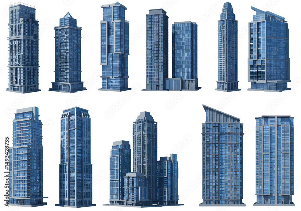 Fototapeta premium Stunning Skyscraper Collection 12 Futuristic Building Designs Free 3D Models isolated on transparent background