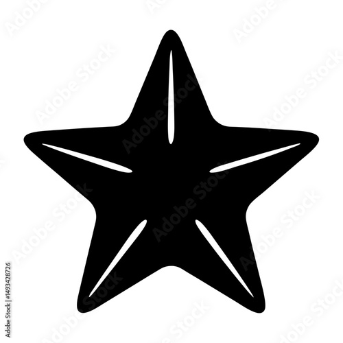 Monochrome starfish with rounded points in solid black standing in white space