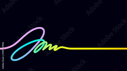 Horizontal banner with abstract bright 3d rainbow curve smooth wavy line, neon gradient pattern with loop, autograph, signature. Background with empty text box, colored ribbon shape. Vector EPS10