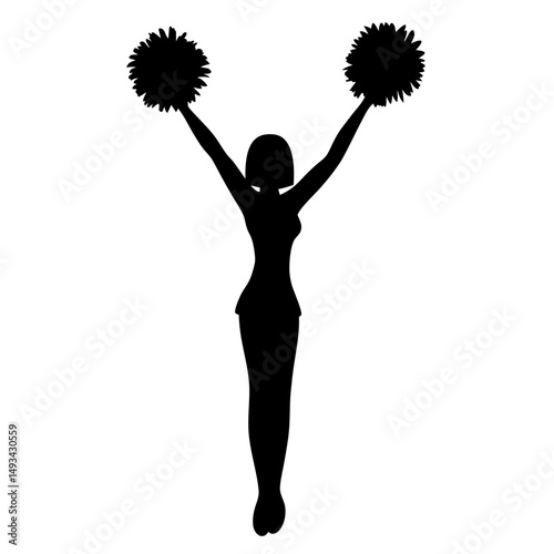 Silhouette of a Cheerful Cheerleader with Pom Poms on White Background