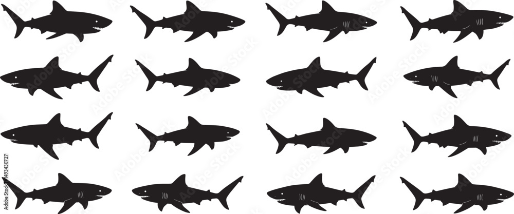 Shark silhouettes pattern ocean predator sea animal dangerous marine life underwater vector illustration art Shark silhouettes pattern ocean predator sea animal dangerous marine life underwater vector illustration art