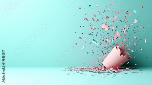 Colorful Confetti Burst from a Broken Cup on a Turquoise Background in a Festive Celebration Scene