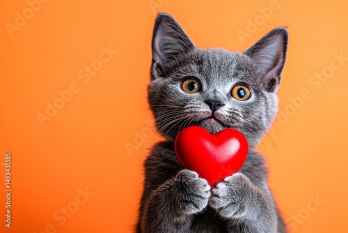 Cute chartreux kitty with domestic animal toy red heart - sign of love, funny greeting card. Chartreux - my desired cat. Ad campaign creative. Red ribbon kitten. Cute kitten valentine's day.