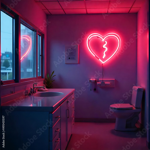 Pink neon broken heart in modern bathroom