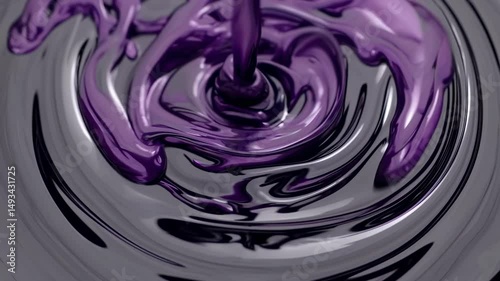 Purple liquid swirling, blending with dark liquid, generating hypnotic visual dynamics