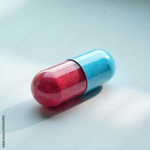 Closeup of a red and blue capsule pill