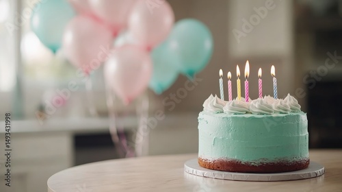 Close-up of a delightful birthday cake adorned with lit candles, set against a backdrop of cheerful balloons, radiating warmth and festive joy