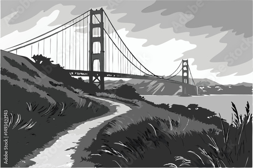  Black and white, dramatic landscape, Golden Gate Bridge, suspension bridge, iconic architecture, tall towers, winding path, tall grass, cloudy sky, urban scenery, moody atmosphere, dramatic lightin