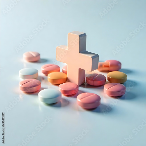 Pastel pills and medical cross symbol