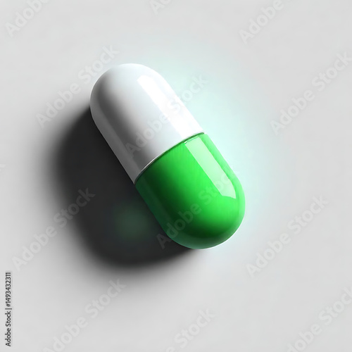 Single green and white capsule pill on white background