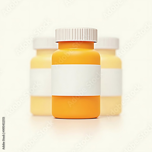 Orange pill bottle with blank label and blurred background