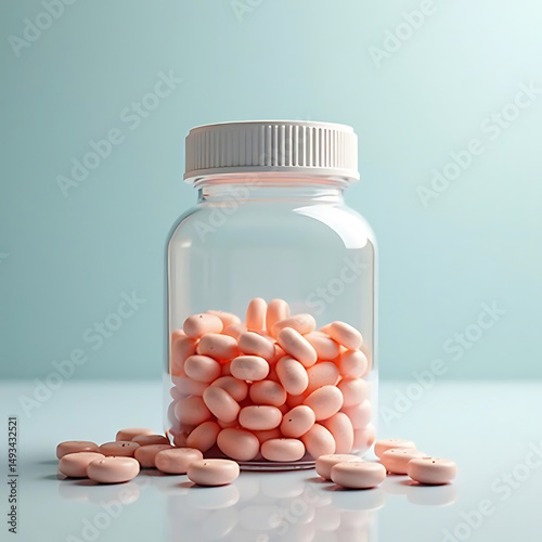 Pink pills spilled from a clear bottle on a light blue background