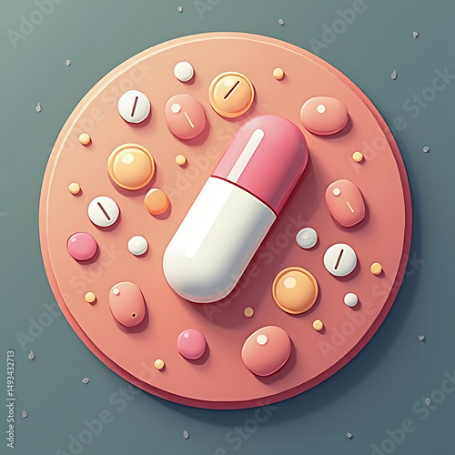 Pink and white capsule with assorted pills on plate