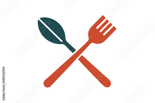 Creative vector illustration of crossed fork and spoon with leaf elements representing food and healthy eating concepts in a modern design style