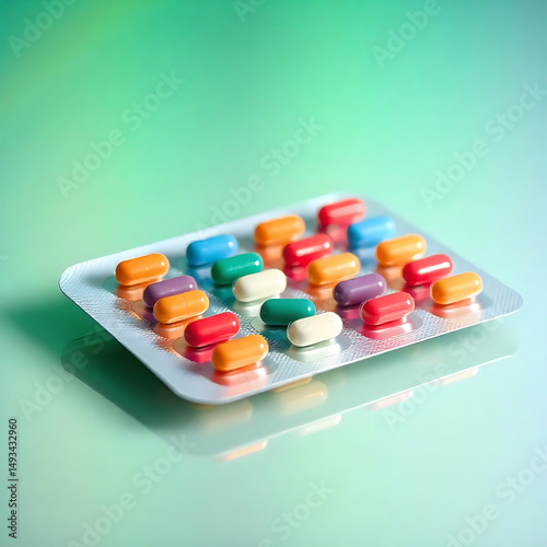 Colorful capsules in blister pack on green background