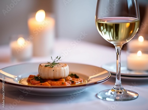 Romantic Dinner Table: A close-up shot captures the elegance of a fine dining setting, featuring a delectable dish artfully presented on a plate.