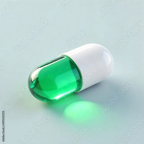 Single green capsule pill on light blue background