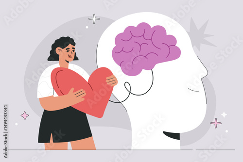 Happy smiling woman has heart Brain Harmony. Emotional Intelligence and Mental Health Concept, Mind Body Connection and  Balance. Self Care and Psychology flat vector illustration, isolated background