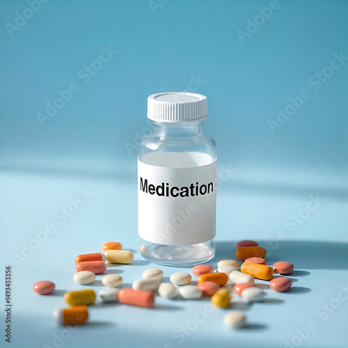 Medication bottle with assorted pills on blue background