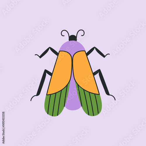 Colorful insect with orange, green, and purple body. Bug with four legs, and antennae in flat cartoon style, resembling beetle, firefly, cicada and leaf insect vector illustration on purple background