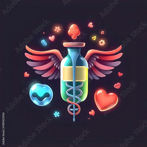 Love potion bottle with wings and caduceus