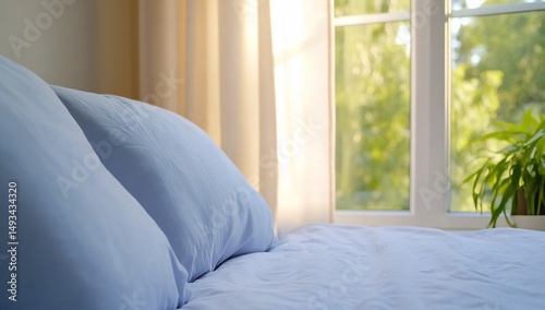 Sunlit bedroom view with soft pillows and the warm glow from behind the curtains