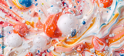 Colorful abstract background with bold expressive style, swirling paint texture, vibrant orange, blue, and white, dynamic movement, energetic and creative mood