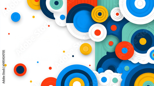 Vibrant energy abstract colorful pattern with layered circles geometric shapes blue orange yellow and white playful and modern design dynamic composition