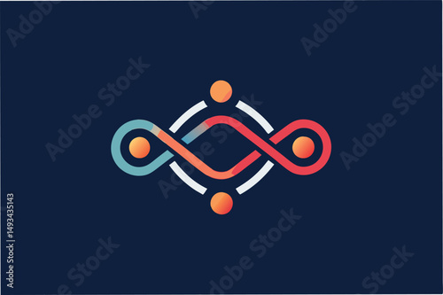 Creative vector illustration of abstract infinity symbol with colorful dots and circular lines representing continuity and connection in a modern style