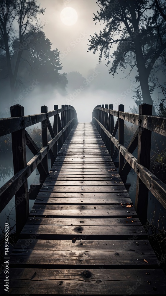 Fototapeta premium Wooden bridge leading into the misty forest under a full moon at night with atmospheric fog.