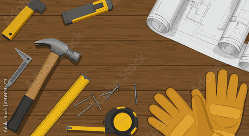 Tools and gloves arranged on wooden table with blueprints  