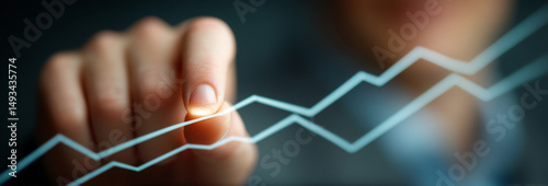 Businessman hand touching digital graph line, analyzing financial growth, success, and progress in modern office environment, representing data analysis and positive trend