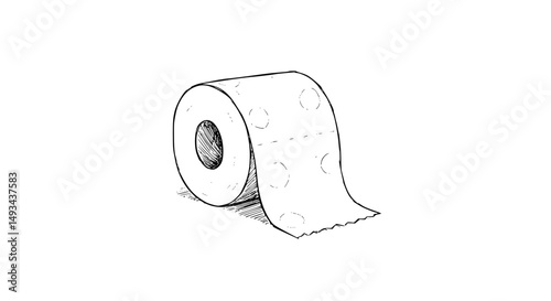 Detailed Black and White Sketch of a Toilet Paper Roll with Perforations - Line Art Vector 