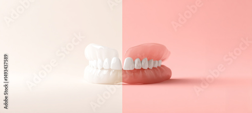 Dentures, false teeth, dental prosthesis, artificial teeth, and oral care product displayed on split pastel background, highlighting dental health and hygiene