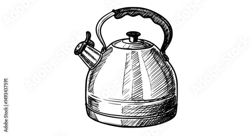 Detailed HandDrawn Illustration of a Classic Metal Tea Kettle - Line Art Vector 