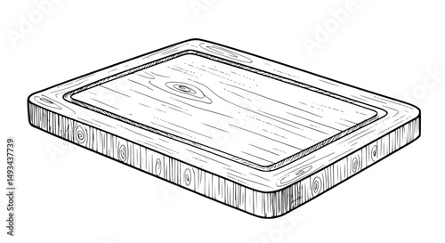 Detailed Isometric Illustration of a Wooden Rectangular Cutting Board - Line Art Vector 