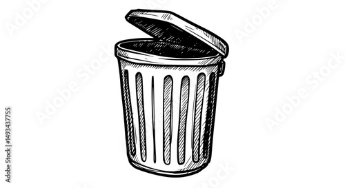 Detailed HandDrawn Trash Can with Open Lid and Vertical Lines - Line Art Vector 