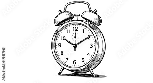 Detailed Sketch of a Classic Alarm Clock with Bells and Hour Markings - Line Art Vector 