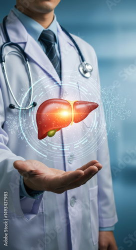 Liver Health: Doctor Holding Hologram of Liver - Medical Innovation, Healthcare, Liver Disease Prevention & Treatment, Digital Medicine