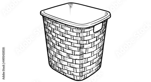 HandDrawn Sketch of a Rectangular Woven Laundry Basket - Line Art Vector 