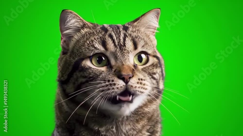 Expressive cgi tabby cat talking and making faces on green screen - funny pet animation for vfx compositing