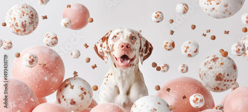 Playful dog with brown spots surrounded by floating pink and white balls and dog treats, joyful and whimsical atmosphere, soft lighting, studio background