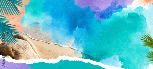 Tropical beach watercolor abstract sand ocean palm summer creative vibrant relaxing blue green artistic splash wave shoreline paradise vacation nature sunny tranquil landscape decorative
