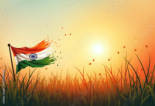 Indian flag disintegrating at sunset in grass