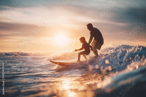 Father Teaching Child to Surf, Family Fun on Small Waves - AI Generated
